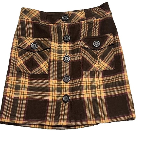 Ann Taylor Loft Women's Brown Plaid Skirt Button Front Preppy Lined Sz 0 Petite - Picture 1 of 11